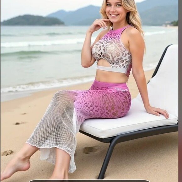 White & Pink Gradient 2pc Crop Top & Long Fishtail Skirt Fishnet Set - Picture 3 of 7